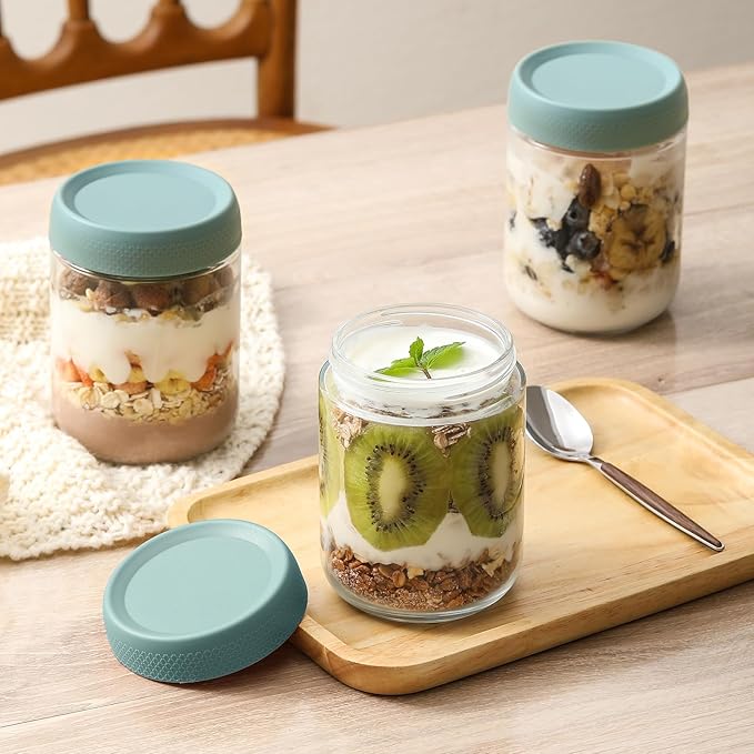 NETANY 6-pack 16oz Glass jars with Airtight Lids, Overnight Oats Containers with Lids, Wide mouth Mason Salad jars, Glass Food Storage Containers for Snacks Yogurt Spice Sugar - Green - Image 6