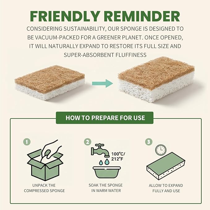 Metflavor 48 Pack Natural Kitchen Sponges, Biodegradable Non-Scratch Cellulose Sponge with Coconut Scrubber for Dishes, Compostable, Non Toxic Cleaning Sponges for Kitchen, Bathroom, Household