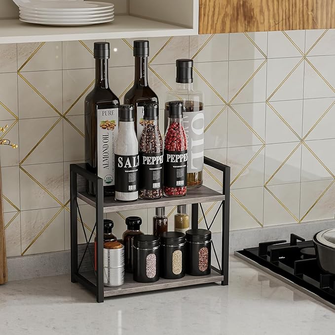 Giikin Countertop Shelf Organizer, 2 Tier Kitchen Spice Rack for Countertop, Wood Coffee Counter Shelf for Home, Particle Board and Metal, Grey, Small - Image 2