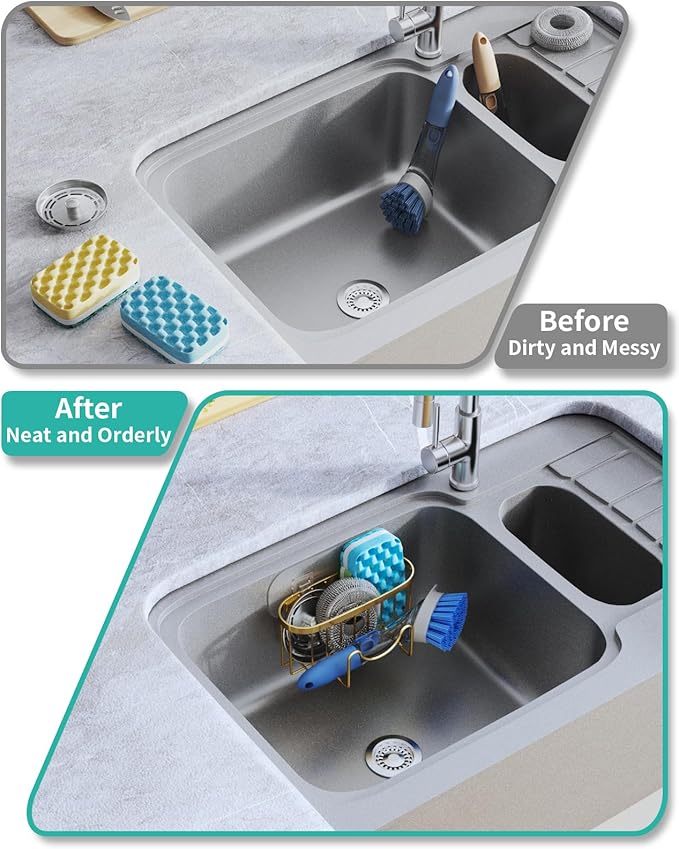 HapiRm Multifunctional Sponge Holder - 2 Installation Methods Sink Caddy with Unique M-shaped, Stainless Steel Kitchen Sink Organizer for Sponge, Brush, Stopper and Scraper - Gold - Image 7