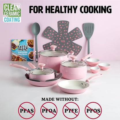 Tasty Clean Ceramic Non-Stick Aluminum Cookware Set, Tempered Glass Lid, Dishwasher Safe, 16-Piece, Pink