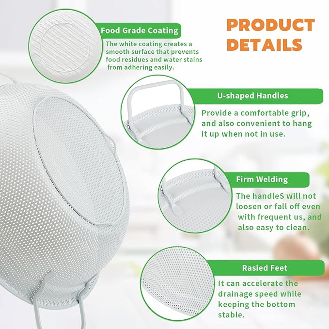 Colander Set with White Coating, Stainless Steel Micro-Perforated Colanders Strainers for Draining Rinsing Washing, Ideal for Vegetables Fruits, Heavy Duty & Dishwasher Safe - Image 3