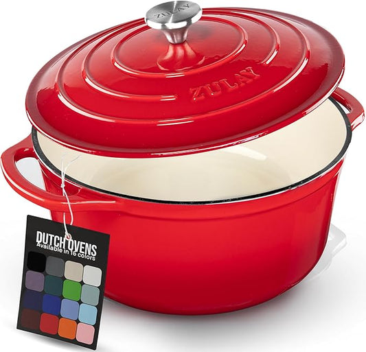 Zulay Kitchen 5 Quart Enameled Cast Iron Dutch Oven Pot with Lid – Premium Durability & Oven Safe up to 500°F – Heavy Duty Cookware Perfect for Bread Baking, Stews, Braising & Roasting – Ablaze Red by ZulayKitchen