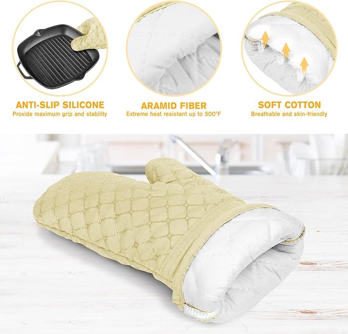 6 Pcs Oven Mitts and Pot Holders, 500℉ Heat Resistant Oven Mitts with Kitchen Towels Soft Cotton Lining and Non-Slip Silicone Surface Safe for Baking, Cooking, BBQ (Milkshake/Beige) - Image 3