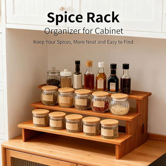 JinDoWin Cabinet Spice Organizer, Spice Organization for Cabinet, 3 Tier Spice Rack Organizer for Cabinet, Seasoning Organizer & Seasoning Rack, Kitchen Cabinet Organizer (1, Dark Bamboo) - Image 2