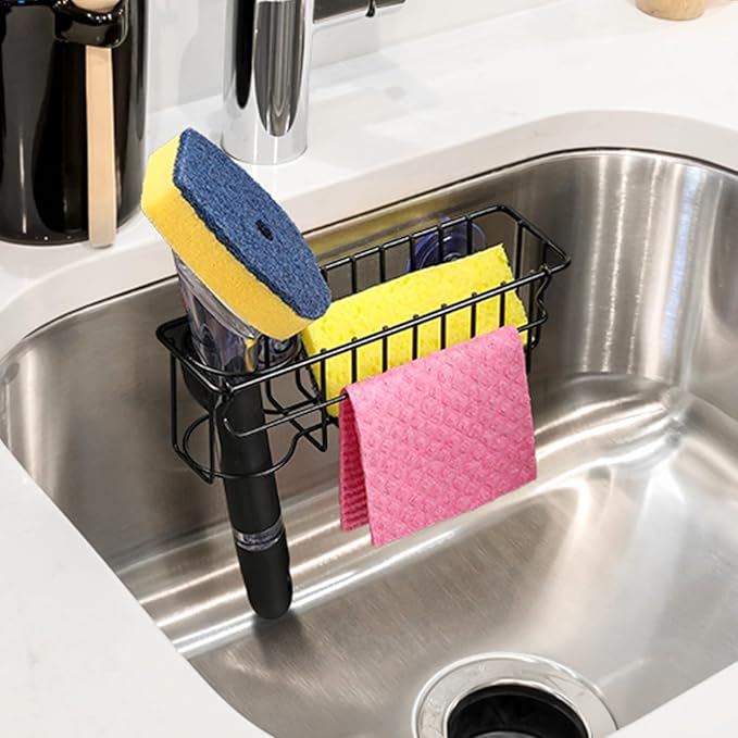 3-In-1 Sponge Holder for Kitchen Sink, 2 Type Suspension Options (Suction Cups & Adhesive Hook), Hanging Sink Caddy Organizer Rack - Sponge, Dish Cloth, Brush, Scrubber, 304 Stainless Steel - Black - Image 6