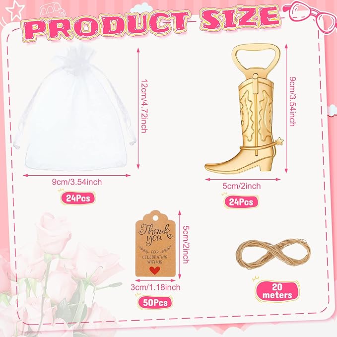 Meanplan 99 Pcs Cowboy Boot Bottle Opener Set Cowgirl Western Derby Wedding Party Favor Includes Cowboy Beer Bottle Opener Organza Bag Thank You Tag and Jute Rope for Guest Wedding Party Baby Shower - Image 2