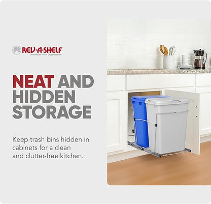 Rev-A-Shelf RV-18KD-11RC-S Double Pullout Trash Can for Kitchen Cabinets 35 Qt Garbage Recycling Bin on Full Extension Slide, Blue/White