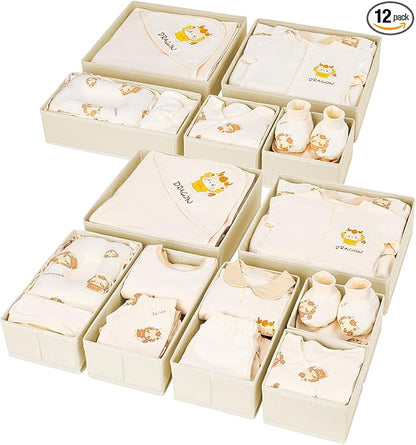 DIMJ Drawer Organizer Clothes 12 Pack - Foldable Baby Organizers and Storage & Dresser Organizer for Bedroom, Closet - Nursery Organization Dresser Dividers for underwear, Sock,Bra, Belt, Tie, Beige by DiMJ