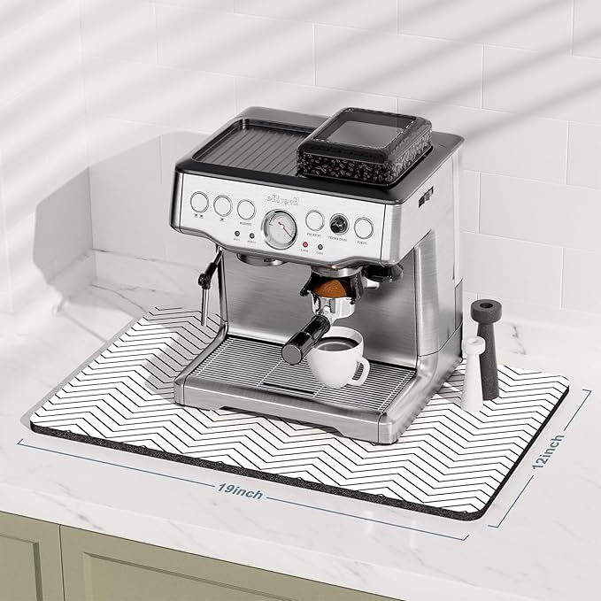 Rnivvi Coffee Mat, 12" x 19" Cute Coffee Bar Mats for Espresso Machine Station Accessories and Organizer, Hide Stain Rubber Backed Absorbent Dish Drying Pad for Kitchen Counter, White Strip - Image 2