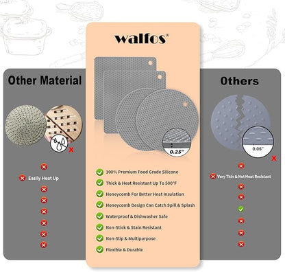 Walfos Silicone Trivet Mats - 4 Heat Resistant Pot Holders, Multipurpose Non-Slip Hot Pads for Kitchen Potholders, Hot Dishers, Jar Opener, Spoon Holder, Food Grade Silicone & BPA Free (Nordic Grey)