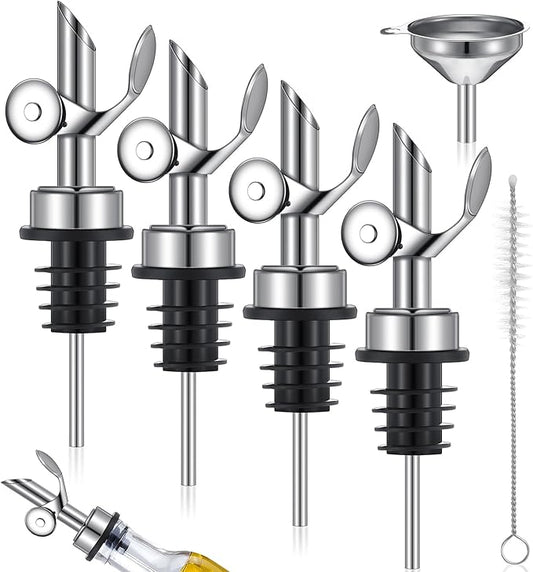 Tioncy 4 Pieces Weighted Stainless Steel Pourers Olive Oil Spout Olive Oil Dispenser Spout Automatic Opening and Closing with Funnel and Brush for Pouring Wine Syrup Kitchen(Silver)