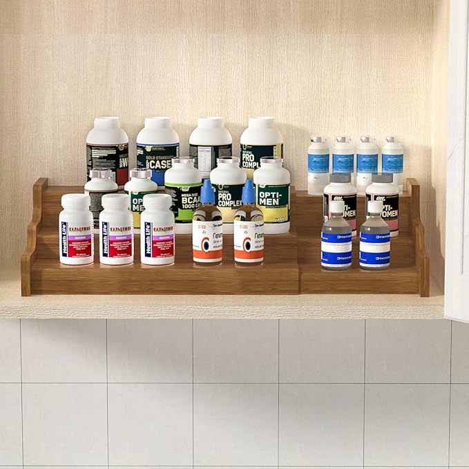 Bamboo Spice Rack Cabinet Organizer - 3 Tier Wooden Expandable Walnut Display Shelf - Image 3