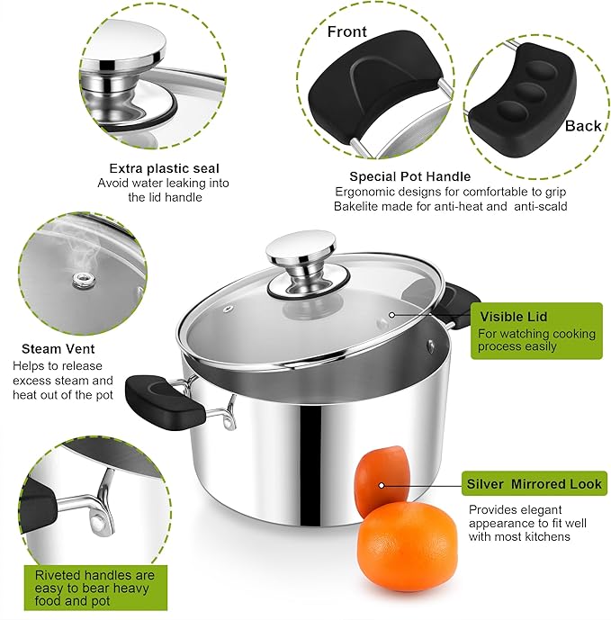 5 Quart 3-Ply Cooking Stock Pot with Lid, P&P CHEF Stainless Steel Large Pot for Pasta Soup, Work on Multi Stove, Heavy Duty & Dishwasher Safe, Dual Heat-resistant Handles & Transparent Glass Lid - Image 3