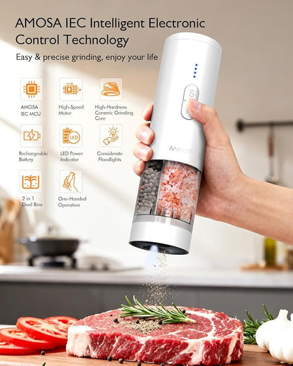 Electric Salt and Pepper Grinder Set, 2 in 1 Dual Bins USB Rechargeable Refillable Automatic Salt and Pepper Mill Shaker with LED Light, Dual Ceramic Grinder Adjustable Coarseness, kitchen gift, white - Image 2