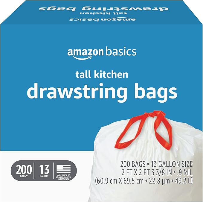Amazon Basics Tall Kitchen Drawstring Trash Bags, Sturdy, 13 Gallon, Unscented, 200 Count by AmazonBasics
