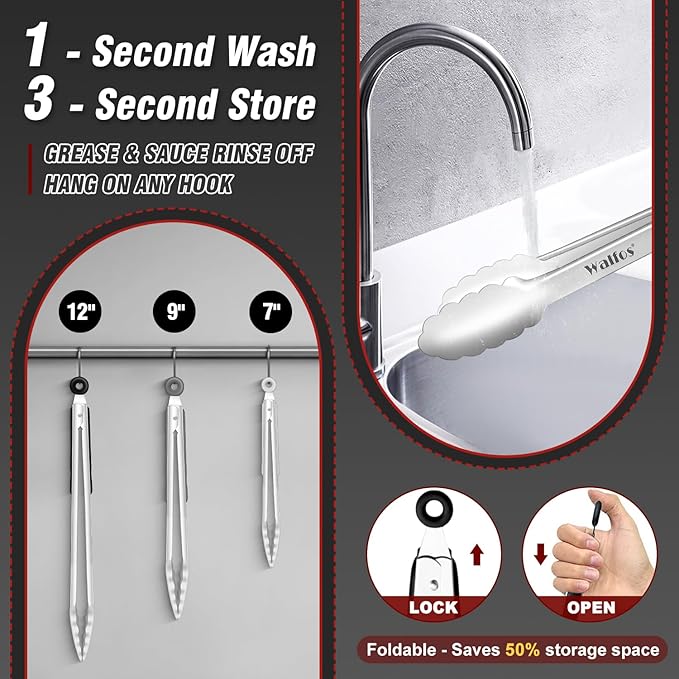 Walfos Stainless Steel Kitchen Tongs for Cooking- 7 ，9 and 12 Inch, Food Grade Metal Tongs for Cooking, BBQ, Set of 3 Heavy Duty Locking Cooking Tongs Non-Slip Grip - Image 4