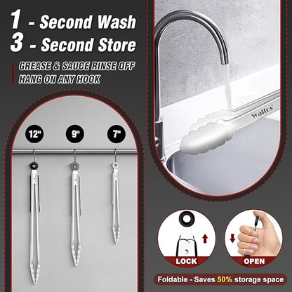 Walfos Stainless Steel Kitchen Tongs for Cooking- 7 ，9 and 12 Inch, Food Grade Metal Tongs for Cooking, BBQ, Set of 3 Heavy Duty Locking Cooking Tongs Non-Slip Grip - Image 4
