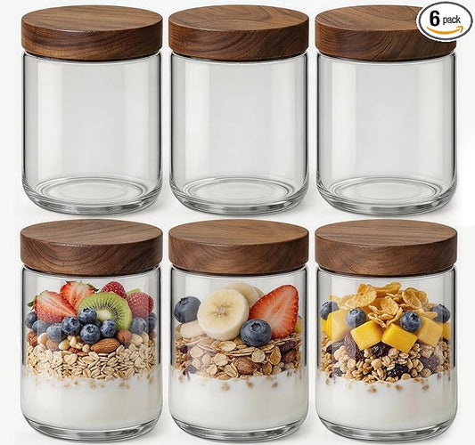 16oz 6 Pack Overnight Oats Containers with Lids, Glass Mason Jars with Acacia Wood Airtight Lids, Wide Mouth Meal Prep Storage Jars for Yogurt, Chia Pudding, Salad, Parfait, Snacks, Spice