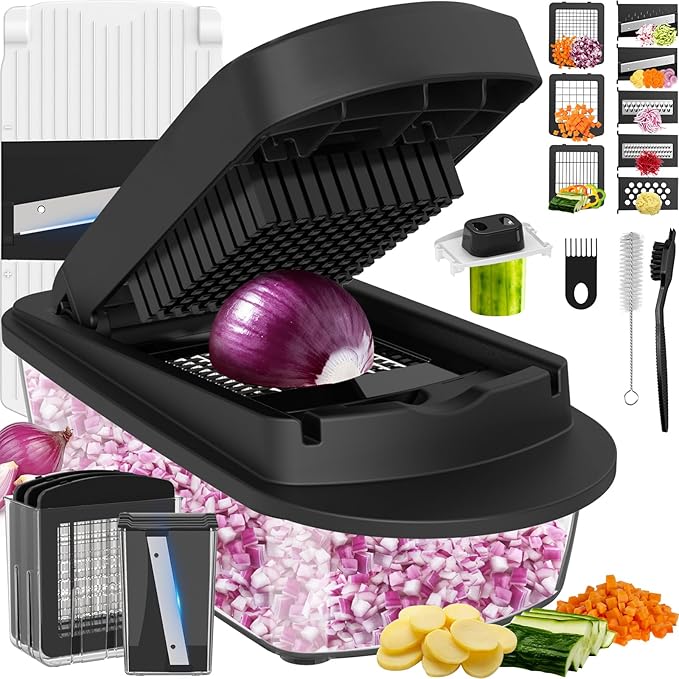 8 Blade All-in-1 Vegetable Chopper Mandoline Slicer with Container, Food Chopper, Onion Chopper, Veggie Cutter for Salad, Kitchen Gadgets Accessories Essentials, Black by ukeetap