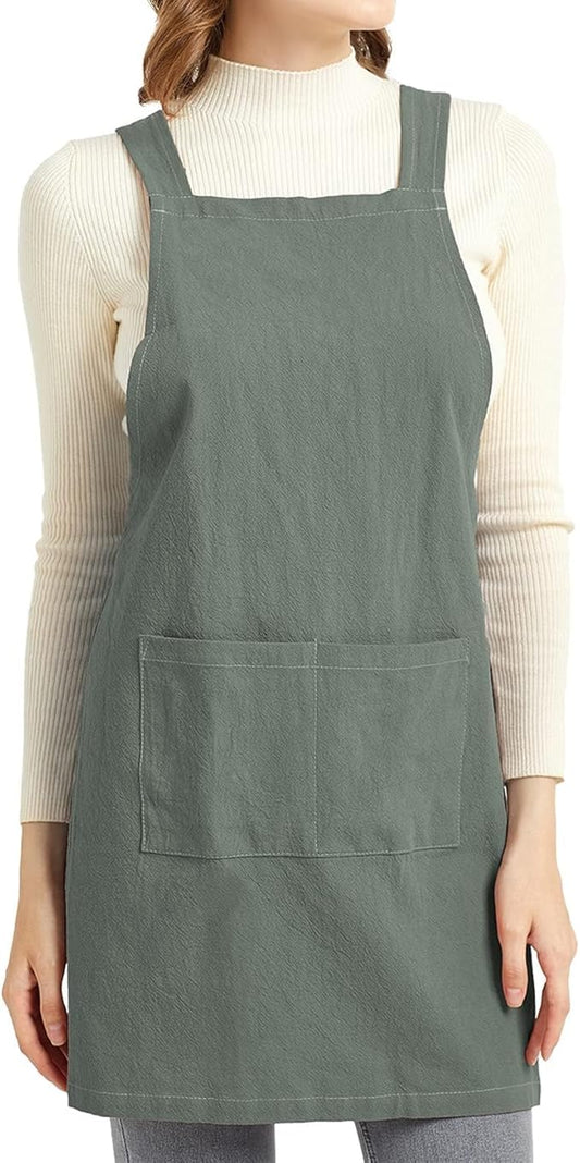 ELEZAY Aprons for Women with Pockets Plus Size Comfort Cross Back No Tie Cotton Linen Apron Pinafore
