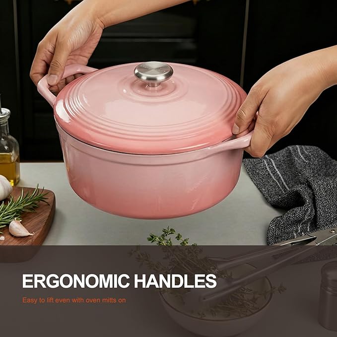 Overmont Enameled Cast Iron Dutch Oven - 5.5QT Pot with Wide Handles Lid Cookbook & Cotton Potholders - Heavy-Duty Pre-Seasoned Cookware Oven Safe to 500°F for Braising, Stews, Roasting, Sourdough Baking - Image 3