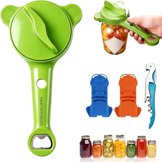 Adjustable Jar Opener for Weak Hands, 4-in-1 Multi-Function Manual Bottle Opener and Corkscrew Set for Seniors with Arthritis, Universal Lid Gripper Kitchen Gadget for All Jar Sizes (green)