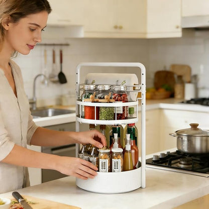 Rotating Spice Rack with Paper Towel Holder, 2 Tier Turntable Lazy Susan, Seasoning Organizer for Kitchen Countertop Cabinet, White - Image 2