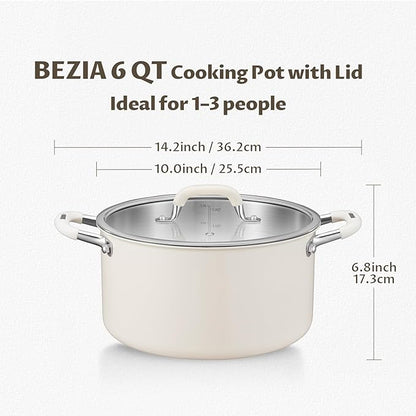 6 Quart Nonstick Stock Pot with Lid, BEZIA Fully-Clad 3-Ply Stainless Steel Pots, Induction Soup Pot with Lid, Kitchen Cooking Pots with Silicone Handle, for All Cooktops, Free of PTFE/PFOA/PFOS