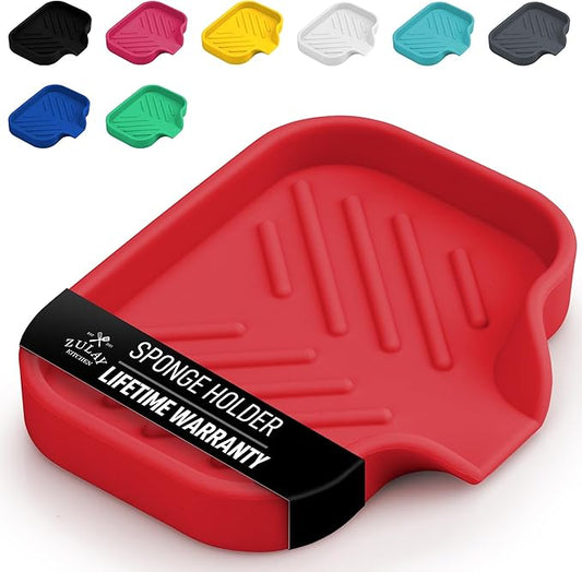 Zulay Kitchen Small Silicone Sponge Holder (4.9x3.3”) – Space-Saving Sink Organizer Tray for Sponge, Soap, Brush & More – Compact Non-Slip Dish for Kitchen & Bathroom (Red) by ZulayKitchen