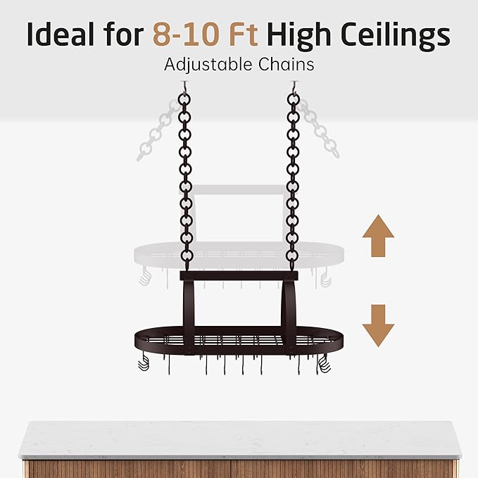 KES 34 Inch Oiled Bronze Hanging Pot Rack, Heavy Duty Oval Pot and Pan Hanging Rack Ceiling Mount, Pot Pan Hangers for Kitchen with 20 Hooks, (For 16" and 24" Joist Mount), KUR221S85-OB - Image 8