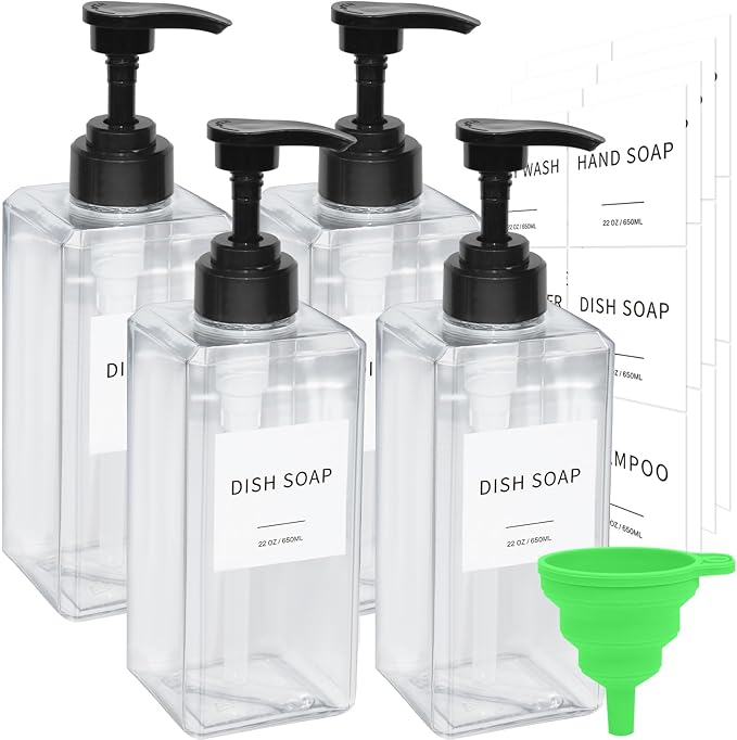 Clear Soap Dispenser with Waterproof Labels, Thickened Plastic Hand Soap Dispenser for Bathroom, Kitchen Dish Washing Liquid Bottles, Shampoo and Conditioner Bottles with Funnel (22oz 4Pack Clear) by Lewistin
