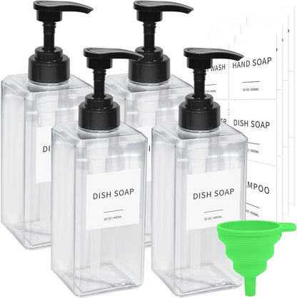 Clear Soap Dispenser with Waterproof Labels, Thickened Plastic Hand Soap Dispenser for Bathroom, Kitchen Dish Washing Liquid Bottles, Shampoo and Conditioner Bottles with Funnel (22oz 4Pack Clear) by Lewistin