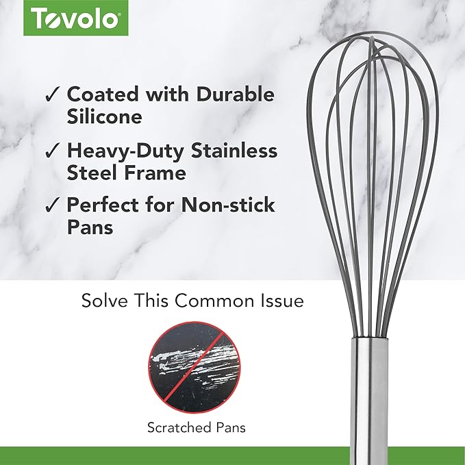 Tovolo Whisk 9 Inch Heavy Duty Silicone Wire Stainless Steel Whisker for Cooking Baking Blending Mixing Stirring Whipping Whisking, Dishwasher Safe Multi Use Classic French Wire Whisk, Charcoal Gray
