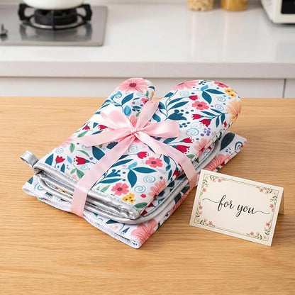3 Piece Kitchen Towels and Oven Mitts Sets, Absorbent Microfiber Dish Towel with Heat Resistant Pot Holders and Oven Gloves, Vintage Farmhouse Floral Decor, Rustic Cooking Baking Gifts for Women