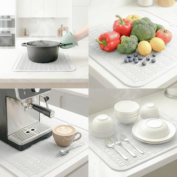 MicoYang Silicone Dish Drying Mat for Multiple Usage,Easy clean,Eco-friendly,Heat-resistant Silicone Mat for Kitchen Counter or Sink,Refrigerator or Drawer Liner White XL 18 inches x 16 inches - Image 4