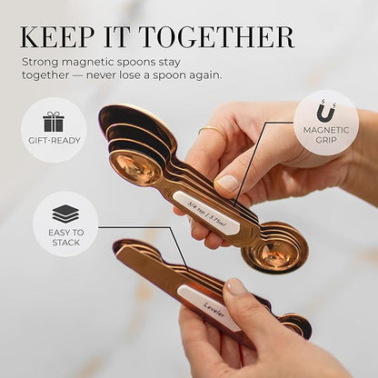 Copper Measuring Spoons Set with Leveler – 8-Piece Double-Sided Nesting Magnetic Measuring Spoons, Stackable & Spice Jar Friendly – Stylish Copper Kitchen Accessories and Decor for Baking and Cooking - Image 2