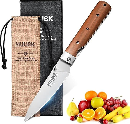 Huusk Japanese Folding Fruit Knife - Pocket Paring Knives with 440C Stainless Steel Ultra Sharp Blade, Portable Kitchen Knives, Christmas Gift for Men and Women