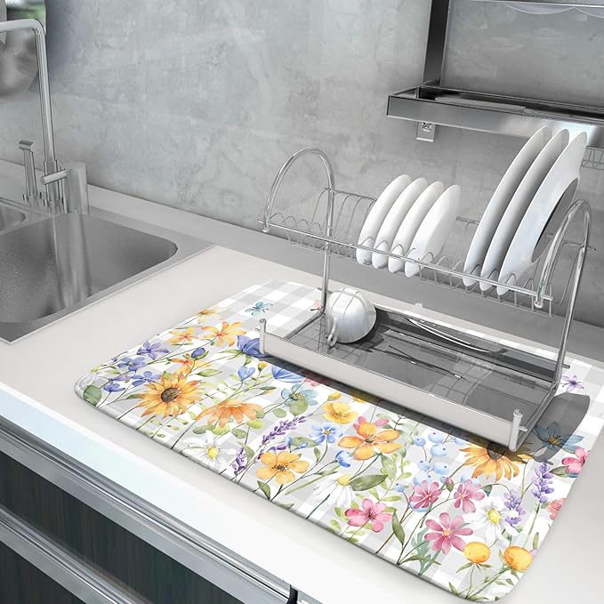 Giwawa Spring Floral Dish Drying Mat, Summer Flower Grey Buffalo Plaids Dish Drainer Mats, Wildflower Butterfly Check Reversible Drying Rack Pad Protector for Kitchen Countertop Decor, 18"x24"