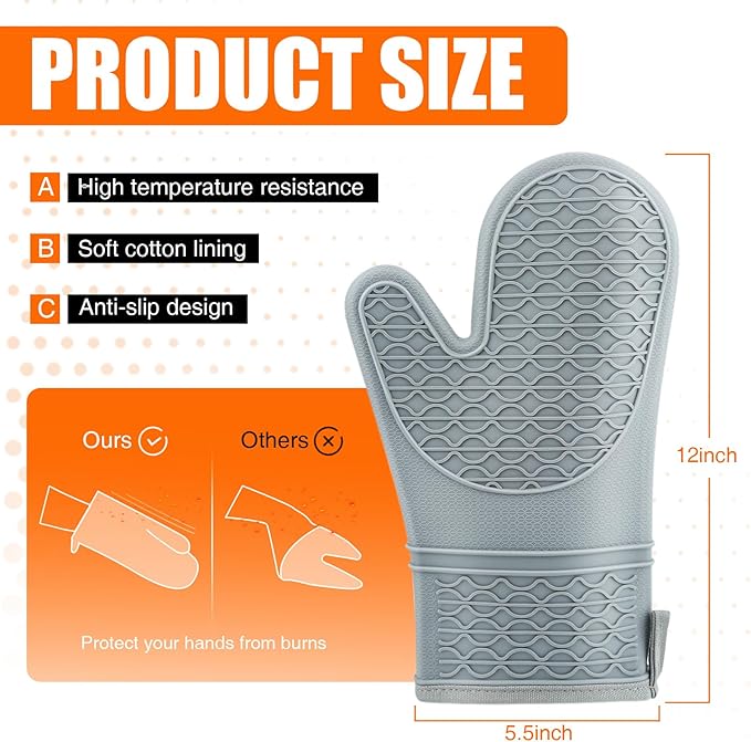 Silicone Oven Mitts, Heat Resistant 2PCS Oven Mitts with Soft Cotton Lining, Waterproof Non-Slip Grip Oven Glove, Kitchen Potholder Mits for BBQ, Baking, Cooking, 12.5 Inch - Grey - Image 2