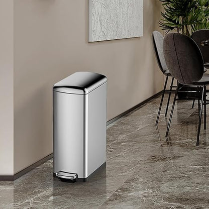 Garvee Slim Kitchen Trash Can 8 Gal, Skinny Stainless Steel Garbage Can with Removable Inner Bucket & Soft Close Lid, Narrow Trash Bin for Bathroom Living Room Office, Silver