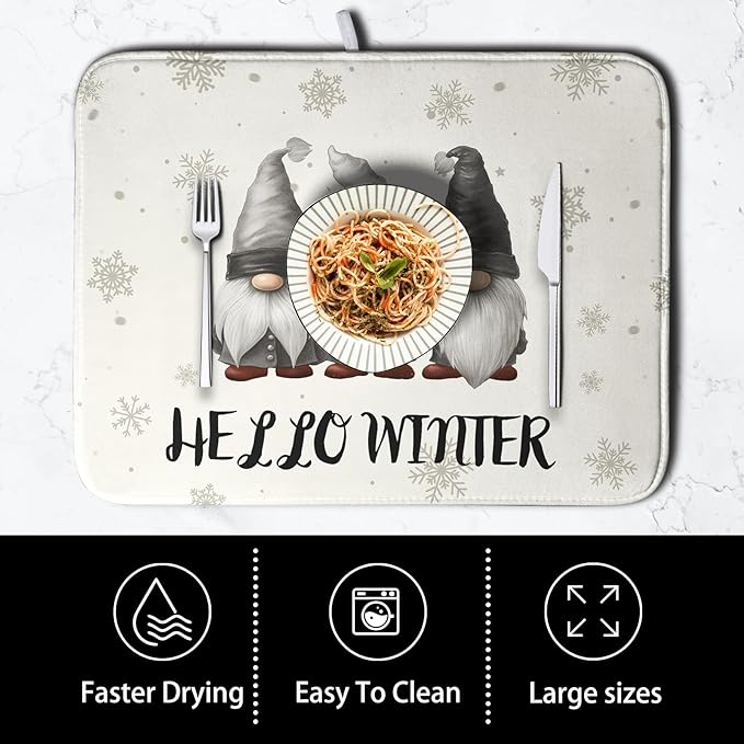 Winter Gnome Dish Drying Mat for Kitchen Counter 16x18 Christmas Snowflakes Santa Kitchen Drying Mat Hello Winter Dish Drainer Mat Super Absorbent Dish Rack Mat for Coffee Bar Countertop - Image 4