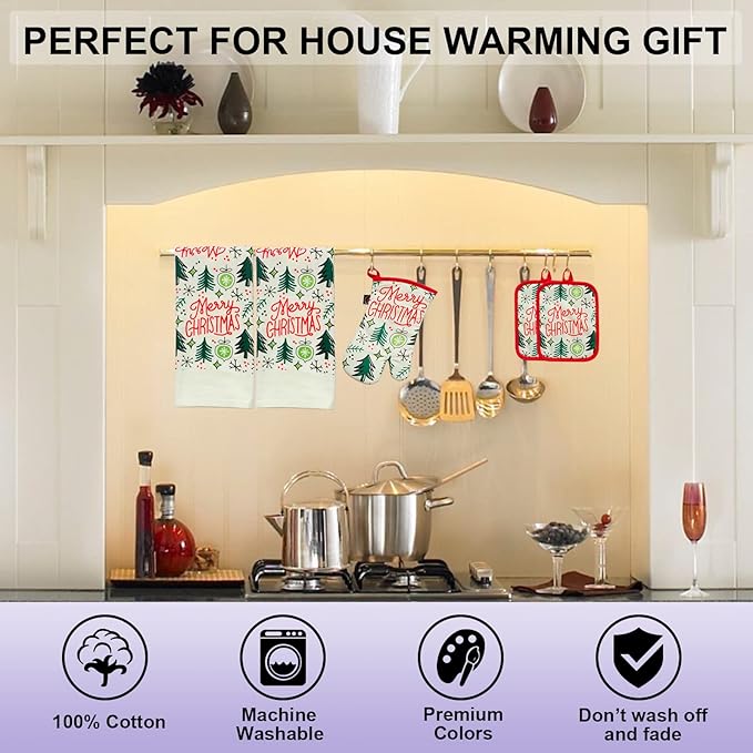 Oven Mitts and Potholders Dish Towles Set 100% Cotton for Perfect for Gifting, Baking and Everyday Cooking Durable Heat Resistant for Kitchen (5-Piece Merry Christmas) - Image 6