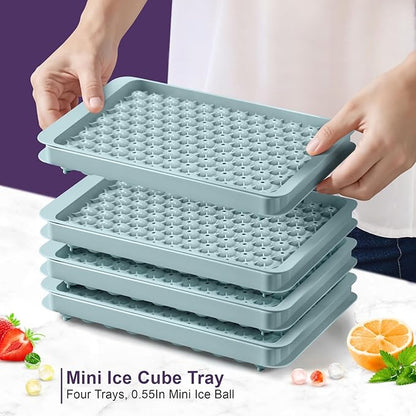 0.55in Mini Ice Cube Trays - Plastic Tiny Pebble Ice for Iced Coffee & Cocktails - Fast Chill, Easy Twist Release - Stackable with Lid, Storage Bin, Tongs, 2 Straws (4 pack, Blue) - Image 8