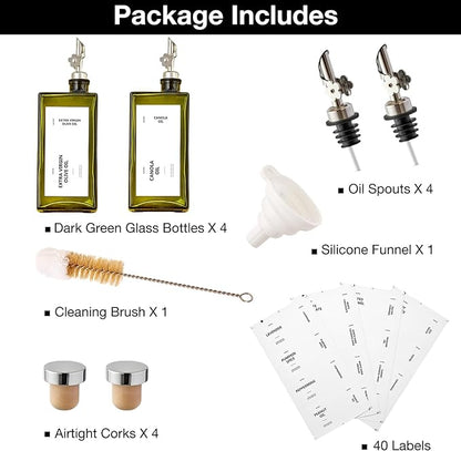 Olive Oil Dispenser Bottle for Kitchen, 16.9oz /500ml Cooking Vinegar Dispenser Bottle Set, Glass Sauce Container, Labels, Brush, Funnel, Stoppers, Green for Oil, Wine - Image 7