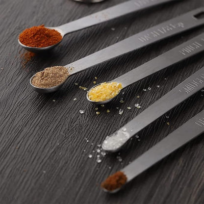 5 Pcs Mini Measuring Spoons Set - Stackable Design, 1/4, 1/8, 1/16, 1/32, 1/64 TSP Sizes, Flat Handle Metal Measuring Spoons Made of Durable Stainless Steel for Cooking, Baking & Small Kitchen Tasks