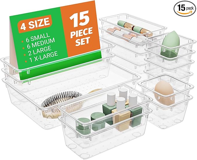 SpaceHacks 15 PCS Clear Plastic Drawer Organizer Set, 4-Size Acrylic Drawer Storage Trays, Storage Bins for Makeup, Gadgets, and Jewelry in Bathroom, Bedroom and Office, Clear by SpaceHacks