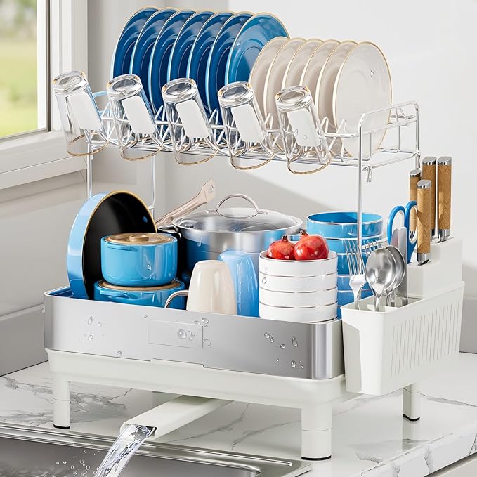 Ewaiira Dish Drying Rack, 2 Tier Large Dish Rack, Stainless Steel Dish Drainer for Kitchen Counter, Dishes Rack with Automatic Drainage, Utensil Holder&Cups Holder,Space Saving Kitchen Organizer,White by EwaiiraHomeStorageOrganizer