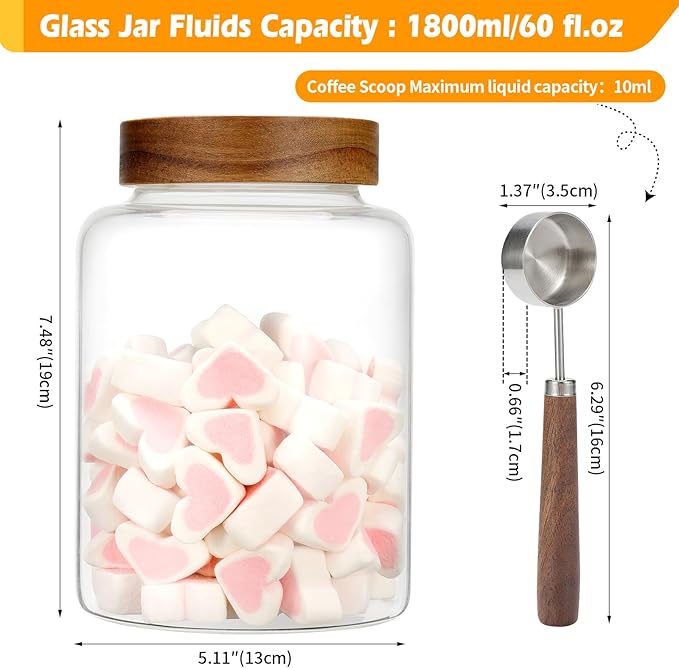 Large Glass Coffee Jars with Spoons 60 oz /1800ml, Round Storage Canister with Wooden Lid Clear Glass Food Jar for Pantry Sugar Tea Coffee Bean Spice Nuts Cookies Bath Salts (1800ml/60oz) - Image 2