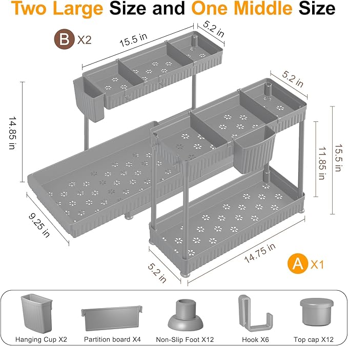 Sevenblue 3 Pack Multi-Purpose Under Sink Organizers and Storage, 2026 L-Shaped Pull Out Cabinet Organizer for Bathroom & Kitchen, Under Cabinet Organizer with Hooks Hanging Cup (Grey, 14.85 inch) - Image 6